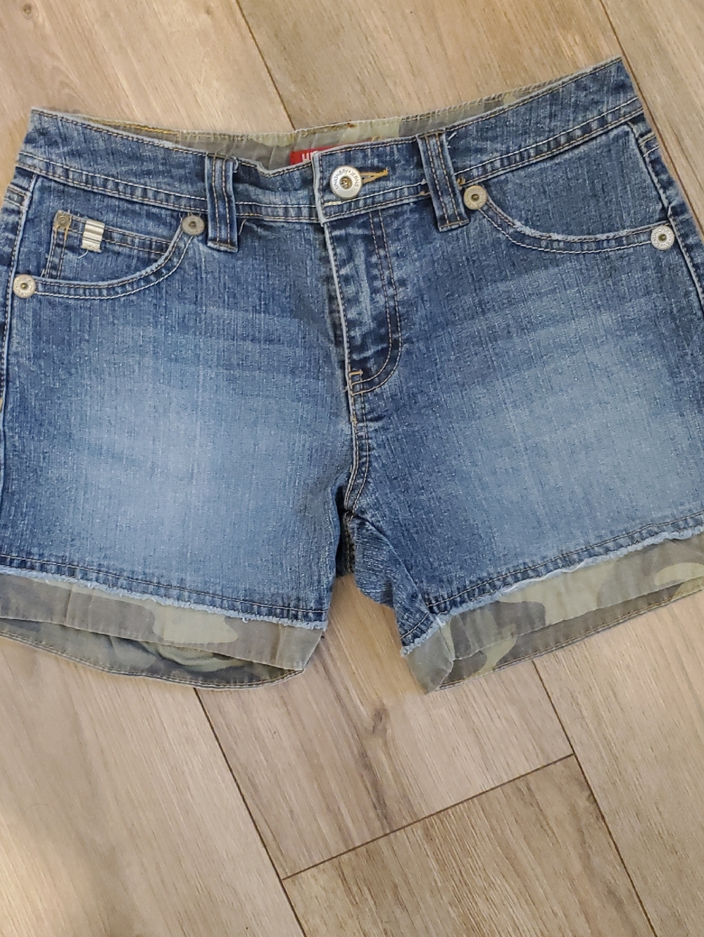 Denim Cuffed Shorts with Camo Trim - Blue
